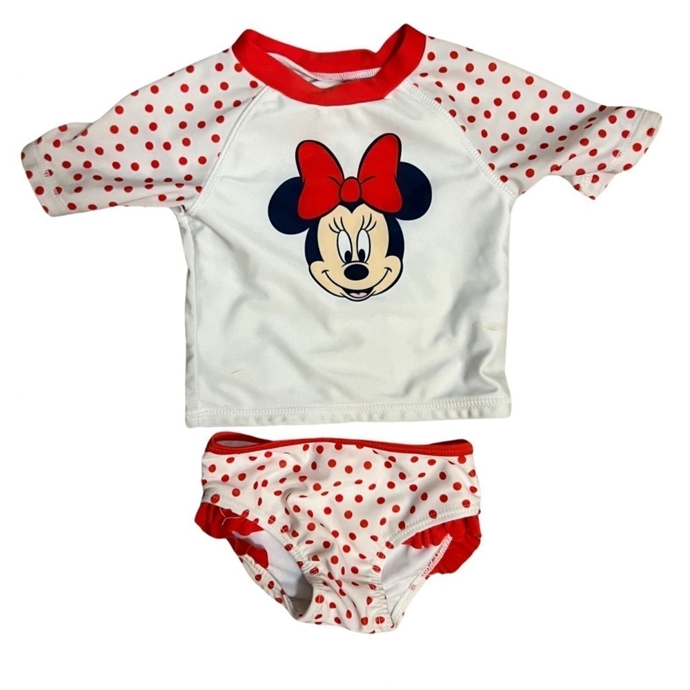 Disney Baby Red and White Polka Dot Minnie Mouse Rash Guard Swimsuit 6-9 Months